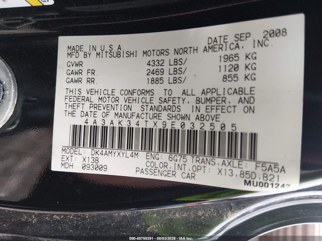 Продаж на аукціоні авто 2009 Mitsubishi Eclipse Gt, vin: 4A3AK34TX9E032505, номер лоту: 45755391