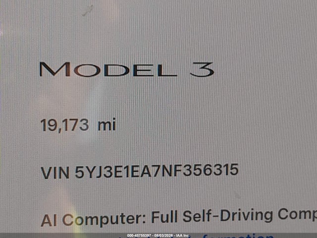 45755397 :رقم المزاد ، 5YJ3E1EA7NF356315 vin ، 2022 Tesla Model 3 Rear-wheel Drive مزاد بيع