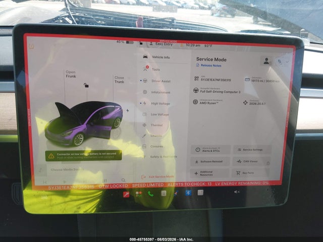 45755397 :رقم المزاد ، 5YJ3E1EA7NF356315 vin ، 2022 Tesla Model 3 Rear-wheel Drive مزاد بيع