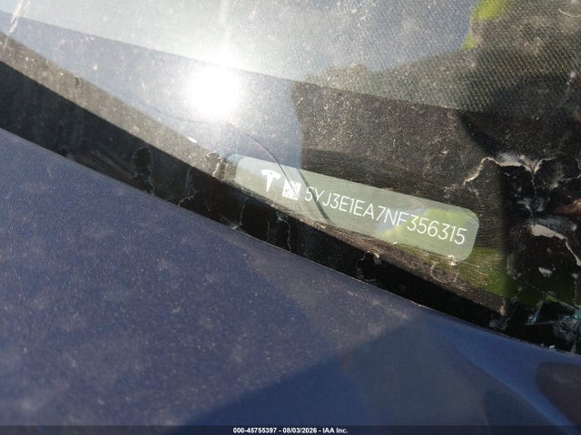 45755397 :رقم المزاد ، 5YJ3E1EA7NF356315 vin ، 2022 Tesla Model 3 Rear-wheel Drive مزاد بيع
