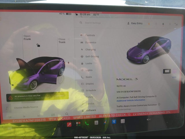 45755397 :رقم المزاد ، 5YJ3E1EA7NF356315 vin ، 2022 Tesla Model 3 Rear-wheel Drive مزاد بيع