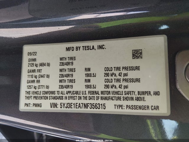 45755397 :رقم المزاد ، 5YJ3E1EA7NF356315 vin ، 2022 Tesla Model 3 Rear-wheel Drive مزاد بيع