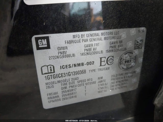 Продаж на аукціоні авто 2016 Gmc Canyon 4wd Sle, vin: 1GTG6CE31G1390368, номер лоту: 45755426