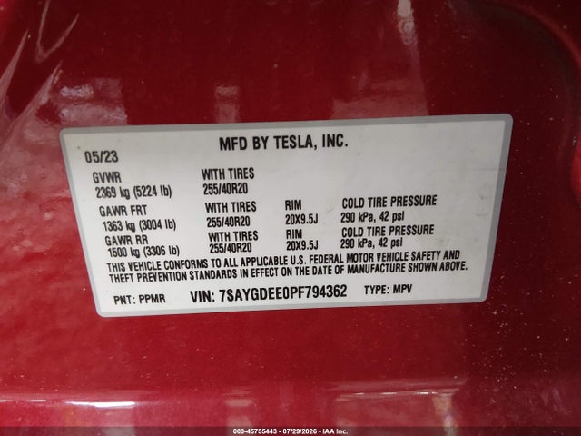 Tesla Model Y 2023 7SAYGDEE0PF794362 Image 9