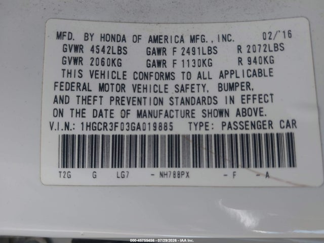 1HGCR3F03GA019885 Honda Accord Ex-l V-6