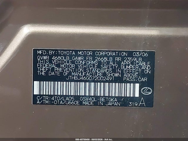 2007 Lexus Es 350 მანქანა იყიდება აუქციონზე, vin: JTHBJ46G072002491, აუქციონის ნომერი: 45755458