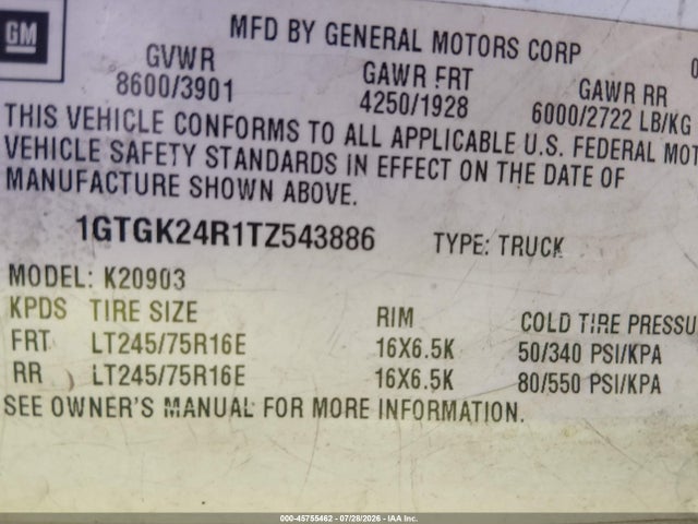 45755462 :رقم المزاد ، 1GTGK24R1TZ543886 vin ، 1996 Gmc Sierra K2500 مزاد بيع