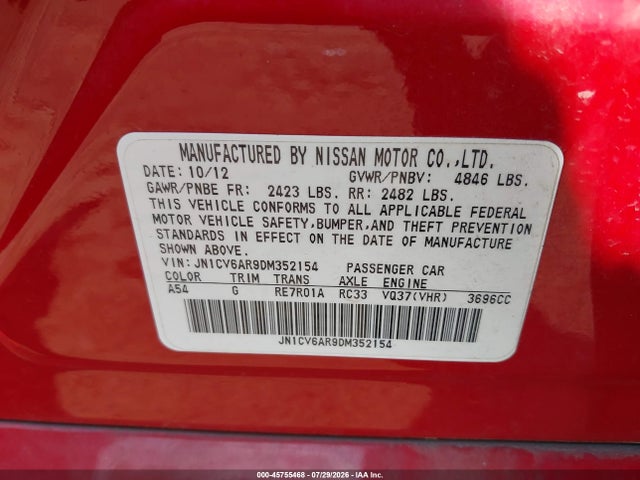 Aukcja sprzedaży 2013 Infiniti G37x, vin: JN1CV6AR9DM352154, numer aukcji: 45755468