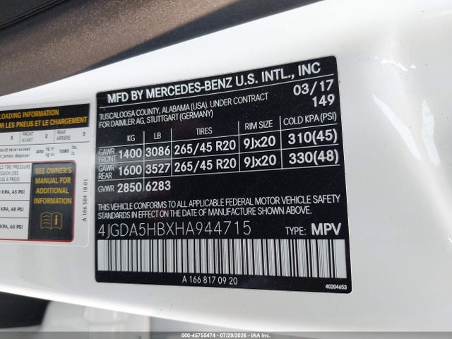 Aukcja sprzedaży 2017 Mercedes-benz Gle 350 4matic, vin: 4JGDA5HBXHA944715, numer aukcji: 45755474