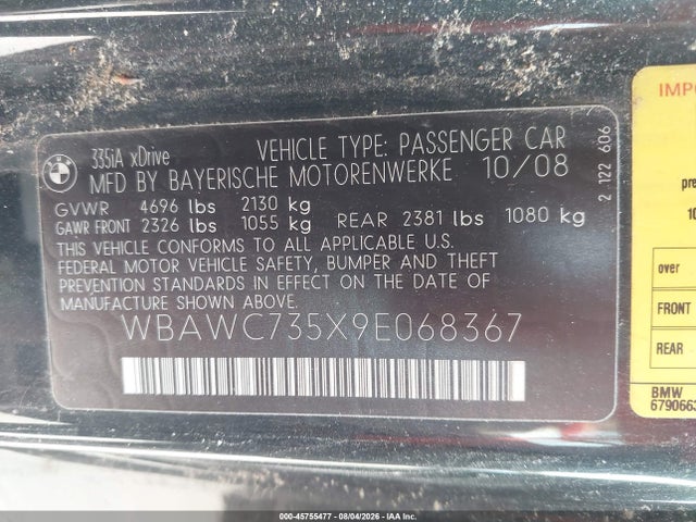 Продажа на аукционе авто 2009 Bmw 335i Xdrive, vin: WBAWC735X9E068367, номер лота: 45755477