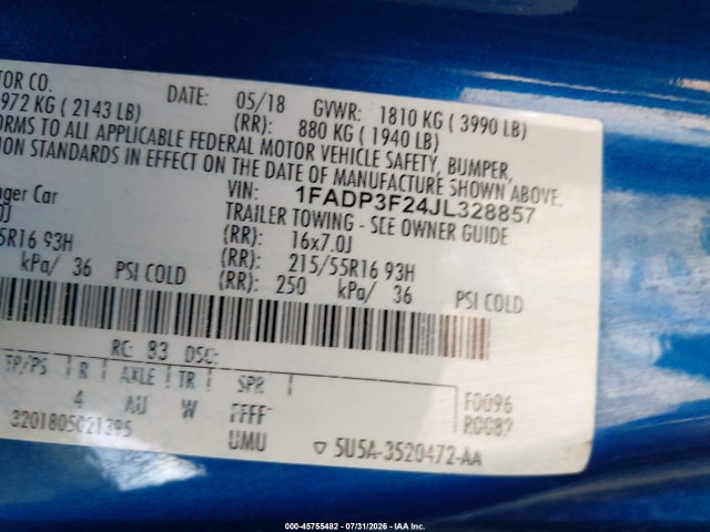 2018 Ford Focus Se მანქანა იყიდება აუქციონზე, vin: 1FADP3F24JL328857, აუქციონის ნომერი: 45755482