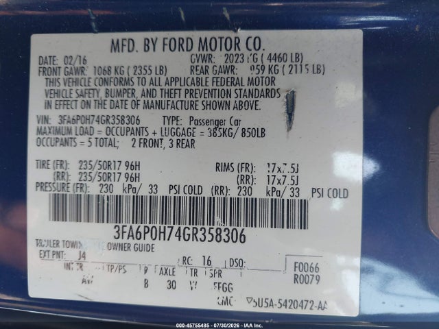 45755485 :رقم المزاد ، 3FA6P0H74GR358306 vin ، 2016 Ford Fusion Se مزاد بيع