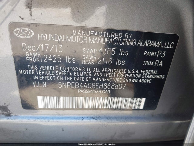 Hyundai SONATA GLS 2014 5NPEB4AC8EH868807 Image 9