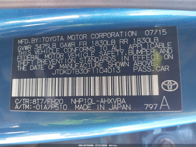 Toyota Prius C One 2015 JTDKDTB30F1104013 Image 9
