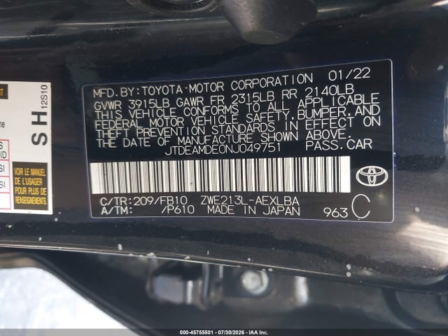 Продаж на аукціоні авто 2022 Toyota Corolla Hybrid Le, vin: JTDEAMDE0NJ049751, номер лоту: 45755501
