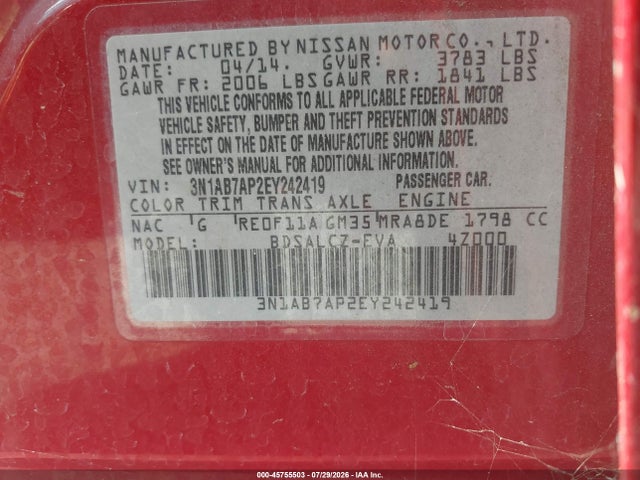 3N1AB7AP2EY242419 Nissan Sentra Fe+ S/fe+ Sv/s/sl/sr/sv