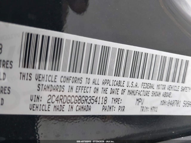 2016 Dodge Grand Caravan Sxt მანქანა იყიდება აუქციონზე, vin: 2C4RDGCG8GR354118, აუქციონის ნომერი: 45755505