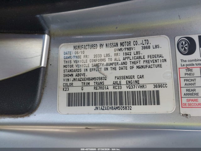 Auction sale of the 2010 Nissan 370z Touring, vin: JN1AZ4EH8AM505832, lot number: 45755509