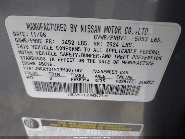 Продаж на аукціоні авто 2007 Infiniti M35 Sport, vin: JNKAY01E27M307792, номер лоту: 45755512