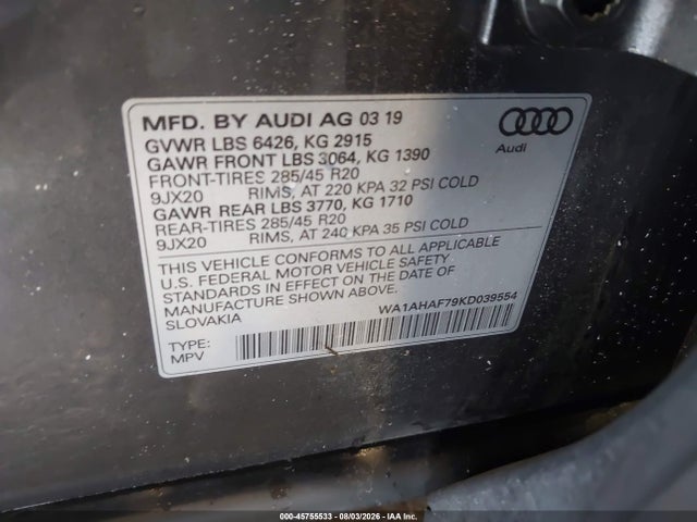 Aukcja sprzedaży 2019 Audi Q7 45 Premium/45 Se Premium, vin: WA1AHAF79KD039554, numer aukcji: 45755533