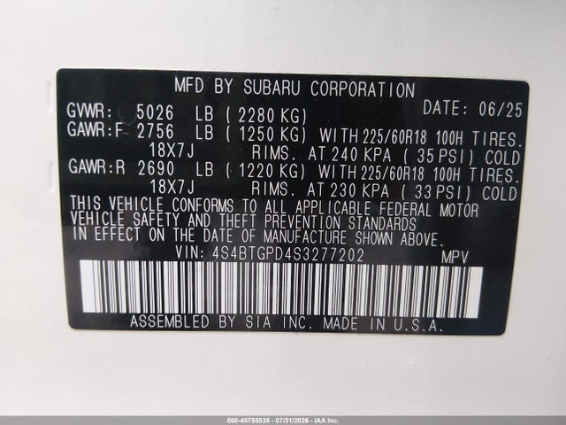 Aukcja sprzedaży 2025 Subaru Outback Touring Xt, vin: 4S4BTGPD4S3277202, numer aukcji: 45755535