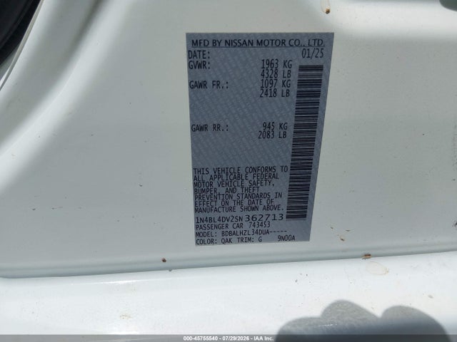 Продаж на аукціоні авто 2025 Nissan Altima Sv Fwd, vin: 1N4BL4DV2SN362713, номер лоту: 45755540