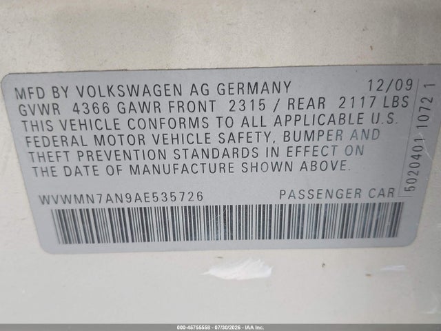 Продаж на аукціоні авто 2010 Volkswagen Cc Sport, vin: WVWMN7AN9AE535726, номер лоту: 45755558