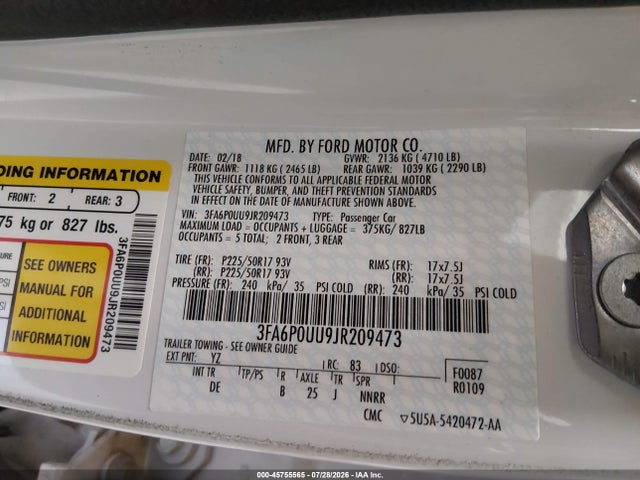 3FA6P0UU9JR209473 Ford Fusion Hybrid S