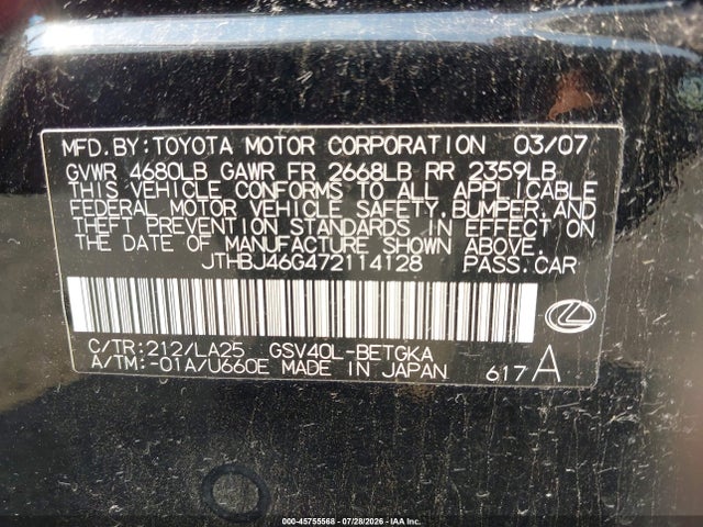 Продаж на аукціоні авто 2007 Lexus Es 350, vin: JTHBJ46G472114128, номер лоту: 45755568
