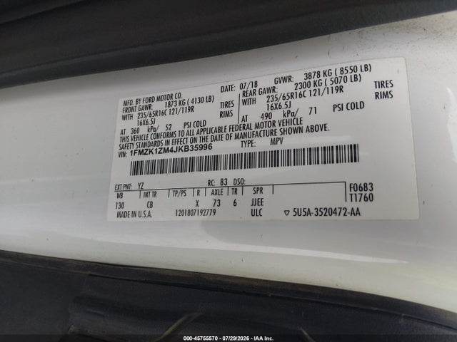 Продажа на аукционе авто 2018 Ford Transit-150 Xl, vin: 1FMZK1ZM4JKB35996, номер лота: 45755570