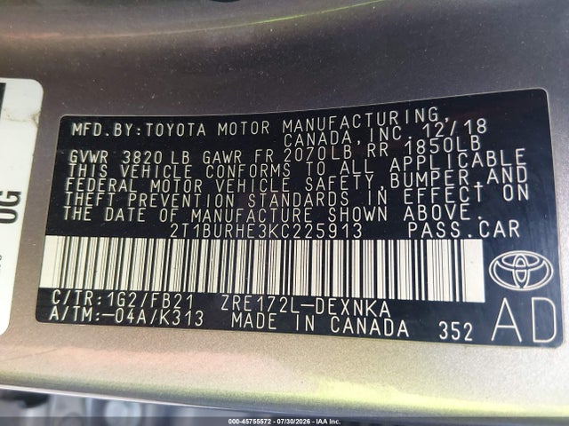 2019 Toyota Corolla Le მანქანა იყიდება აუქციონზე, vin: 2T1BURHE3KC225913, აუქციონის ნომერი: 45755572