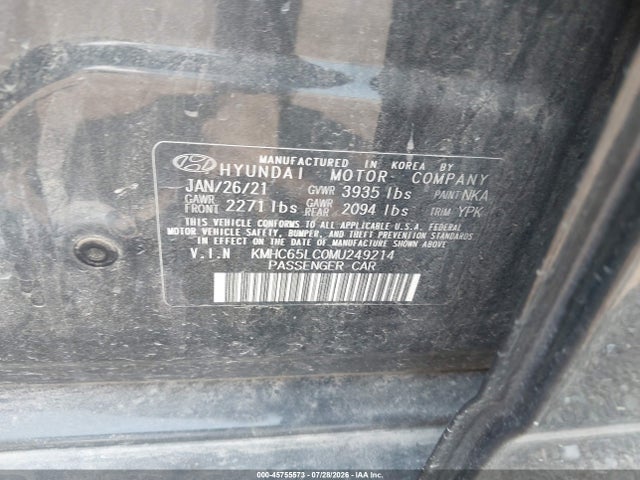 Aukcja sprzedaży 2021 Hyundai Ioniq Hybrid Blue, vin: KMHC65LC0MU249214, numer aukcji: 45755573