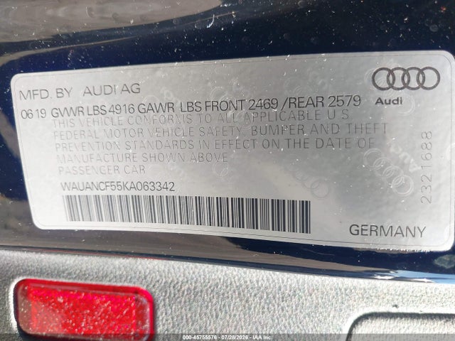 Aukcja sprzedaży 2019 Audi A5 45 Premium, vin: WAUANCF55KA063342, numer aukcji: 45755576