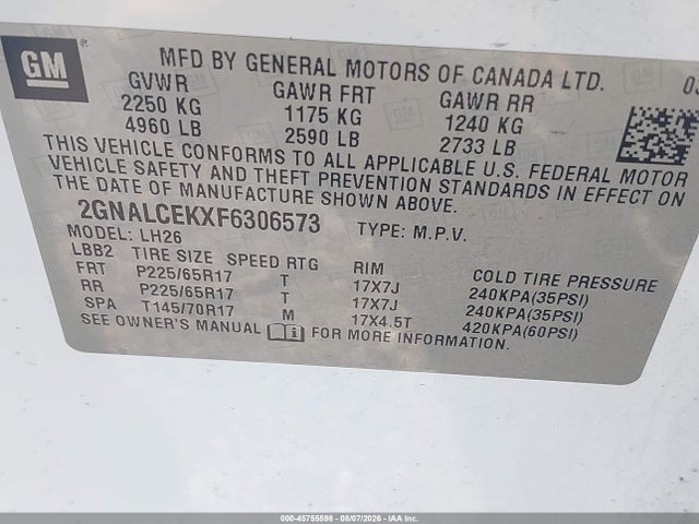Aukcja sprzedaży 2015 Chevrolet Equinox Lt, vin: 2GNALCEKXF6306573, numer aukcji: 45755598