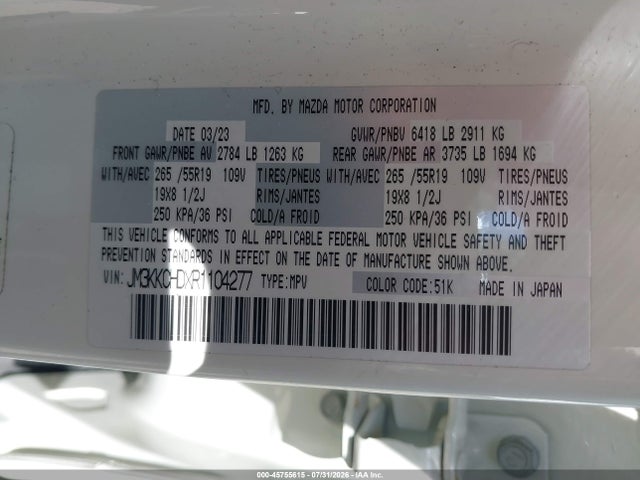 45755615 :رقم المزاد ، JM3KKCHDXR1104277 vin ، 2024 Mazda Cx-90 3.3 Turbo Preferred Plus مزاد بيع