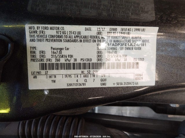 2018 Ford Focus Se მანქანა იყიდება აუქციონზე, vin: 1FADP3FE1JL240181, აუქციონის ნომერი: 45755634