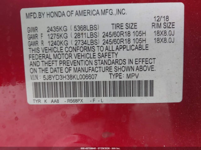 Aukcja sprzedaży 2019 Acura Mdx Standard, vin: 5J8YD3H38KL006607, numer aukcji: 45755640