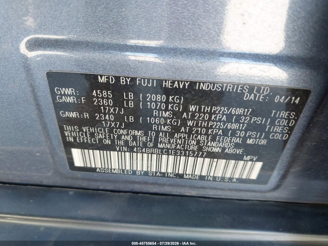 Subaru Outback 2.5i Limited 2014 4S4BRBLC1E3315777 Image 9