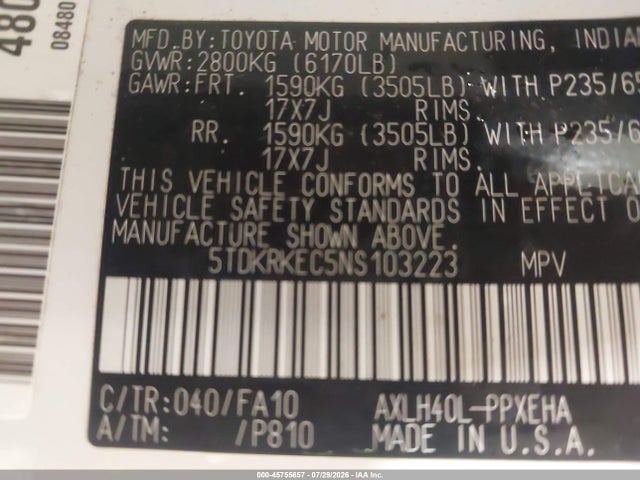 Aukcja sprzedaży 2022 Toyota Sienna Le, vin: 5TDKRKEC5NS103223, numer aukcji: 45755657