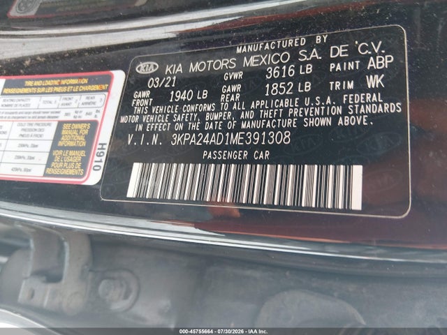 Aukcja sprzedaży 2021 Kia Rio S, vin: 3KPA24AD1ME391308, numer aukcji: 45755664