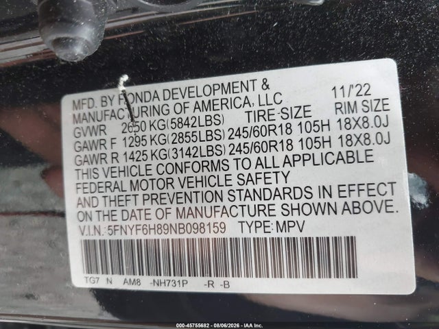 45755682 :رقم المزاد ، 5FNYF6H89NB098159 vin ، 2022 Honda Pilot Awd Trailsport مزاد بيع