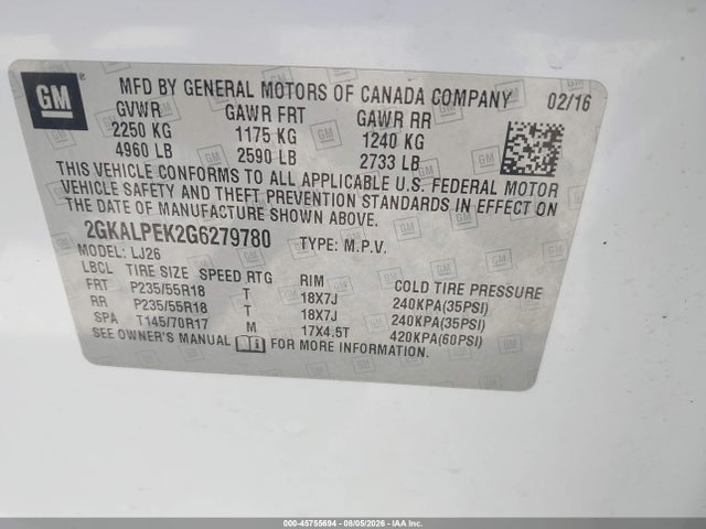 45755694 :رقم المزاد ، 2GKALPEK2G6279780 vin ، 2016 Gmc Terrain Slt مزاد بيع