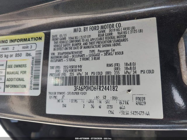 45755699 :رقم المزاد ، 3FA6P0HD6FR244182 vin ، 2015 Ford Fusion Se مزاد بيع