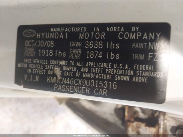 Продажа на аукционе авто 2009 Hyundai Accent Gls, vin: KMHCN46CX9U315316, номер лота: 45755711
