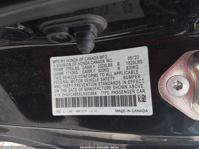Aukcja sprzedaży 2020 Honda Civic Lx, vin: 2HGFC4B6XLH303864, numer aukcji: 45755713