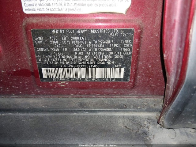 Продажа на аукционе авто 2012 Subaru Outback 2.5i Premium, vin: 4S4BRBCCXC3215853, номер лота: 45755719