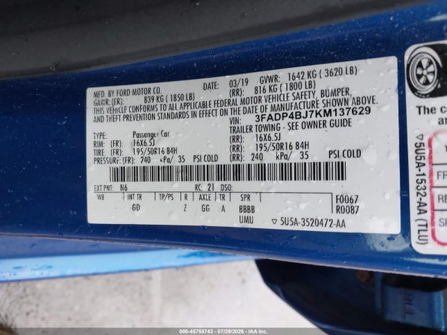 Продажа на аукционе авто 2019 Ford Fiesta Se, vin: 3FADP4BJ7KM137629, номер лота: 45755743