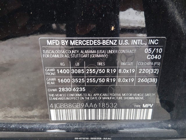 45755765 :رقم المزاد ، 4JGBB8GB9AA618532 vin ، 2010 Mercedes-benz Ml 350 4matic مزاد بيع