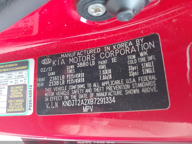 45755782 :رقم المزاد ، KNDJT2A2XB7291334 vin ، 2011 Kia Soul + مزاد بيع