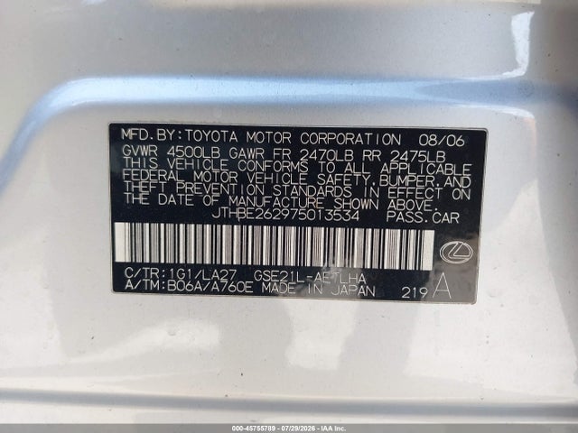 Продажа на аукционе авто 2007 Lexus Is 350, vin: JTHBE262975013534, номер лота: 45755789